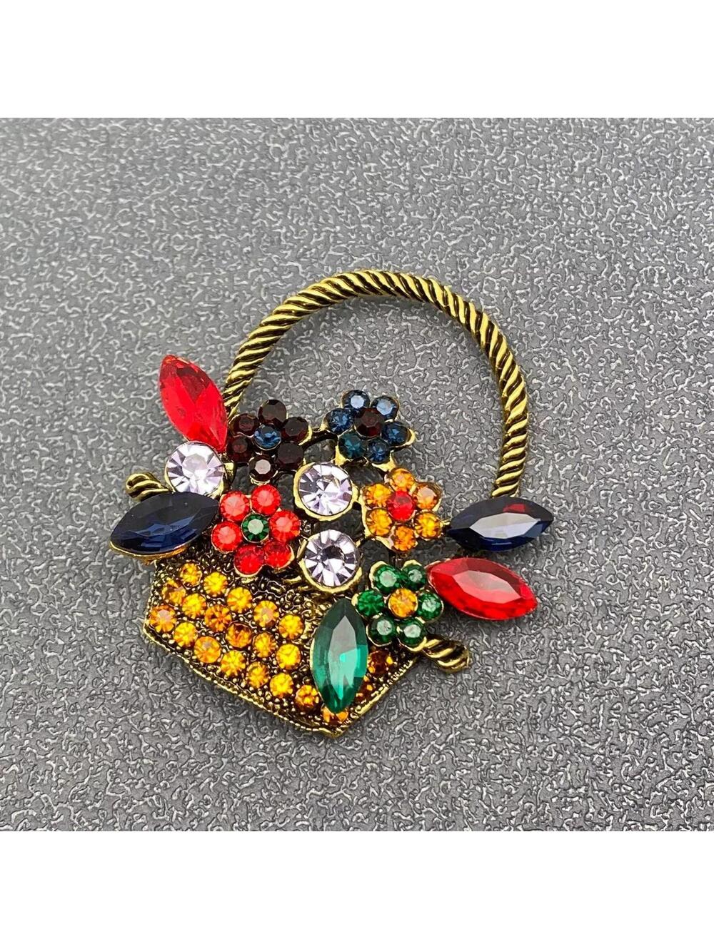 Multicolor Rhinestone Basket Flower Brooch Pin - Picture 2 of 4